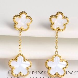 Alhambra White Luck Four Clover Gold Flower Stainless Steel Drop Earrings